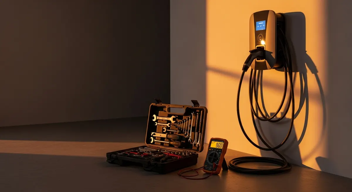 Borne de recharge avec mallette à outils et multimètre, scène d'intervention IRVÉLEC